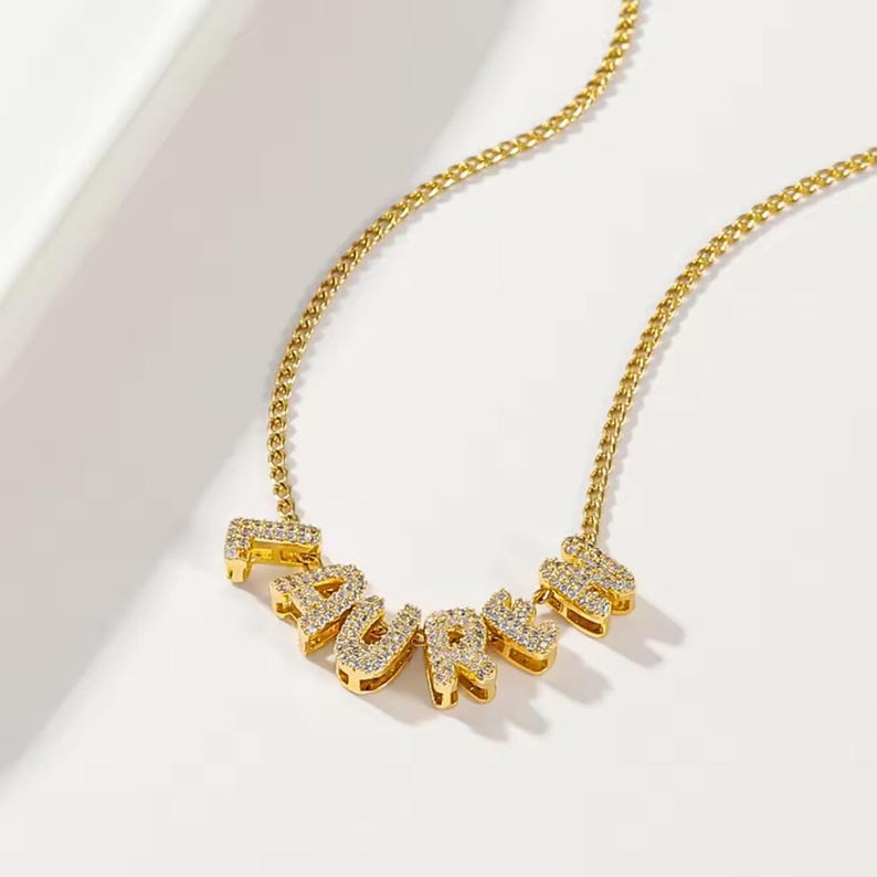 Bubble Letter Name Necklace • 3D Initial Pendant With Zirconia Crystal ...