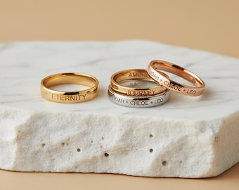 Custom Engraved Ring For Women • Personalized Name Ring • 18K Gold, Silver, Rose Gold Band • Dainty Stacking Ring • Customized Gift For Her