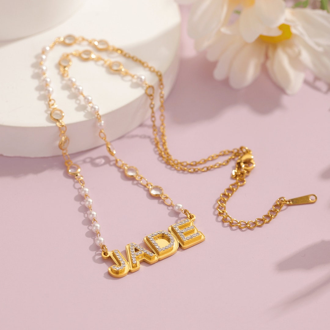 Personalized 3D Name Necklace • Pave Zirconia Pendant With Pearl Chain ...