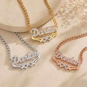 Custom Two Tone Name Necklace, Double Heart Necklace, Custom Cursive Nameplate, Gold Silver Rose Gold, Birthday Gift For Her