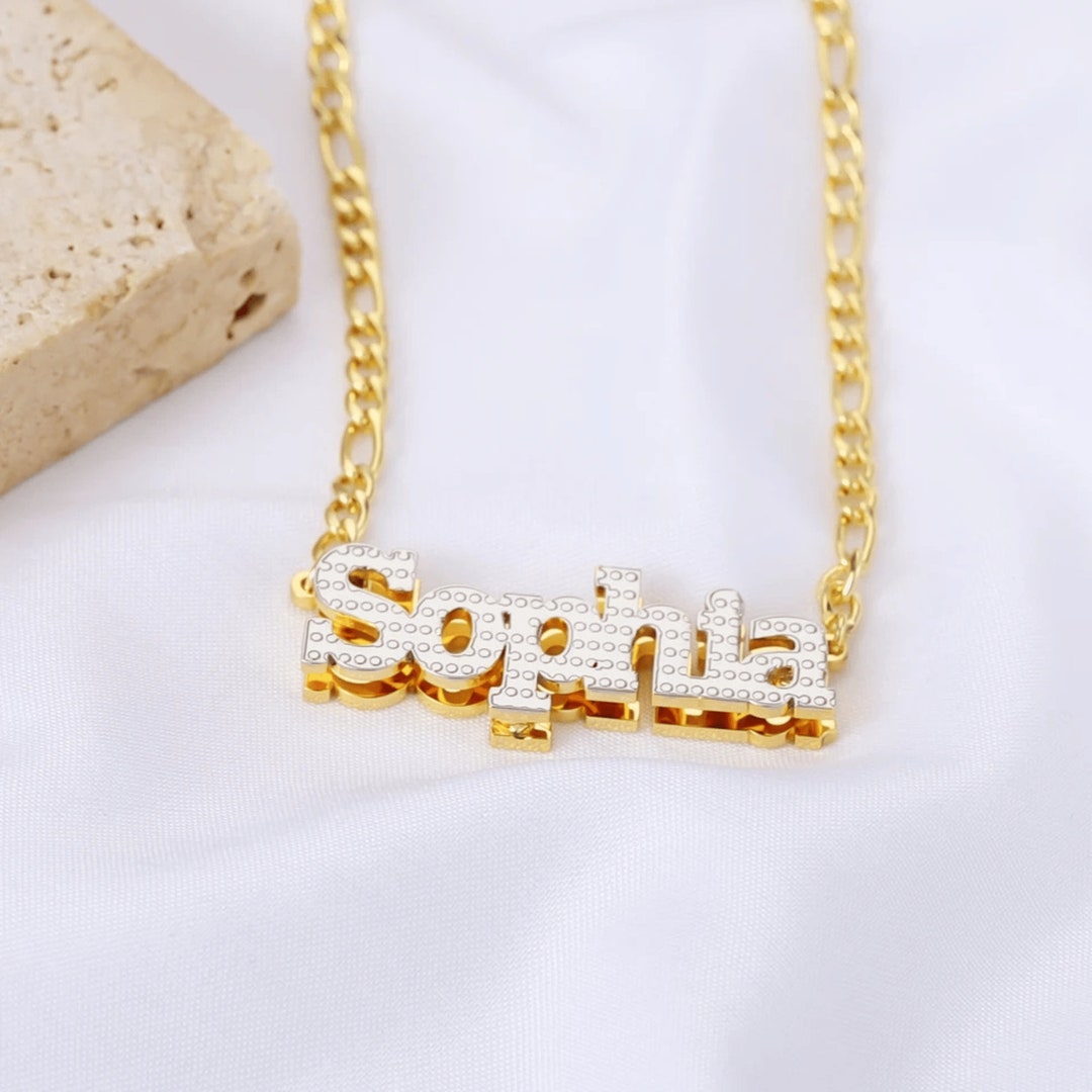 Double Plated Name Necklace Custom Name Necklace Nameplate Necklace 14K Gold Plated Necklace Two