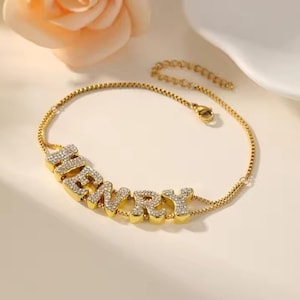 Personalized Bubble Letter Name Bracelet • Custom Letter Bracelet • 3D Letter Bracelet • Zirconia Letter Bracelet • Stainless Steel Bracelet