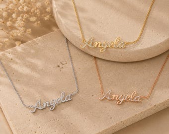 Custom Crystal Name Necklace, Personalized Zirconia Necklace, Custom Cursive Nameplate, Sparkly Name Pendant, Gift For Her