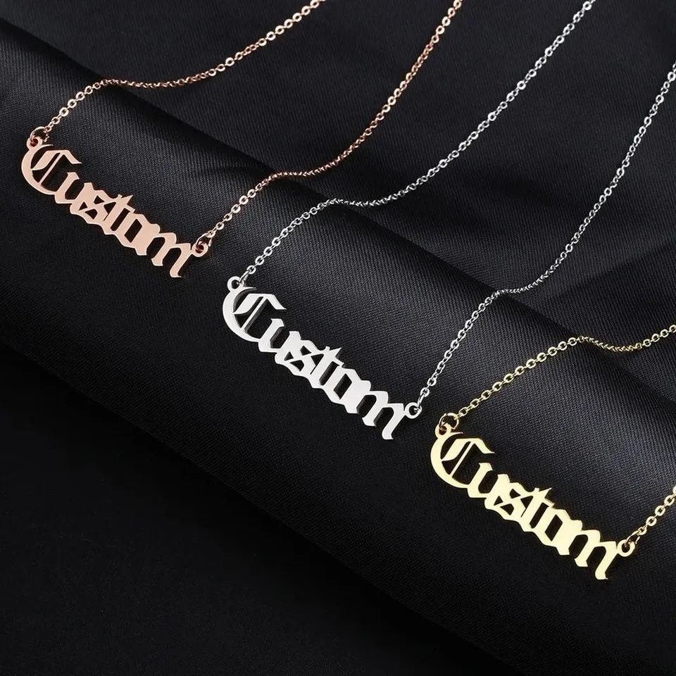 Personalized Old English Name Necklace Necklace With Custom Name Old English Letter Necklace Custom Name Jewelry Gift For Her Etsy