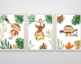 Safari Monkey Nursery Wall Print Set of 3,Printable Wall Art,Monkey,Nursery,Digital art,Set of 3,Safari Animals