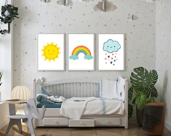 Rainbow Print, Sun and Cloud Prints, Playroom Decor, Printable Art, Nursery Wall Art, Printable Art, Set de 3