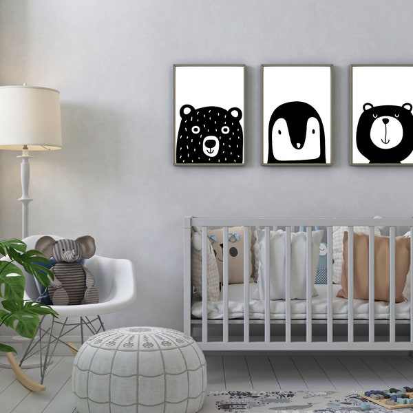 Black and White Woodland Animals,Nursery Decor,Black and White Animal Portraits,Kids Room Art