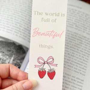 Strawberry Bookmark: Cottagecore Linen Cardstock with Positive Quote