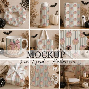 May include: A nine-panel grid display featuring various items with a repeating pattern of orange pumpkins with pink bows on a light green and white striped background, including a scrunchie, water bottle, notebook, mug, tote bag, fabric, gift box, and dress.