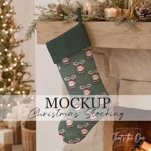 May include: A Christmas stocking with a dark green cuff and a sage green body featuring a repeating pattern of Santa Claus figures inside oval frames with white bows. The text MOCKUP Christmas Stocking is overlaid on the center of the image.