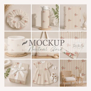 Könnte beinhalten: Ein Mockup mit verschiedenen Artikeln mit floralem und gestreiftem Muster in Beige und Rosa. Zu den Artikeln gehören ein Scrunchie, eine Wasserflasche, ein Notizbuch, eine Tasse, eine Tragetasche, ein Babykleid, Geschenkpapier und ein Stuhl. Der Text "Mockup Neutral Grid" ist sichtbar.