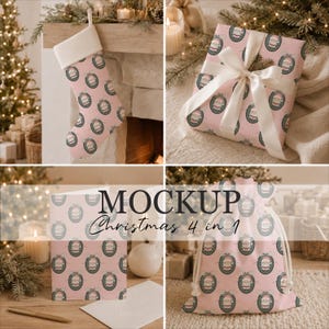 May include: A Christmas stocking, a gift box with a white ribbon, a greeting card, and a drawstring pouch, all featuring a repeating pattern of Santa Claus inside a green wreath on a light pink background. The text MOCKUP Christmas 4 in 1 is visible.