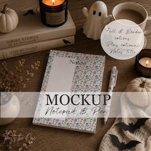 Procreate Halloween stationary mockup, seamless pattern display, neutral Halloween fall autumn aesthetic 2 in 1 notepad and pen mockup set