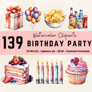 Pacote de clipart em aquarela para festa de aniversário: PNG de comemoração de aniversário, bolo de aniversário, balões, chapéus de festa | Uso Comercial | Download instantâneo