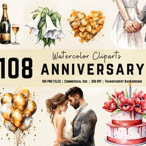 108 Watercolor Anniversary Clipart Bundle, Love Graphics, Party Clipart Watercolor, Decoration Clipart | Instant Download | Commercial Use