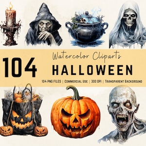 Scary Halloween Watercolor Clipart Bundle: Creepy Halloween PNGs, Haunted Houses, Zombies, Ghosts | Party Invite, Decorations