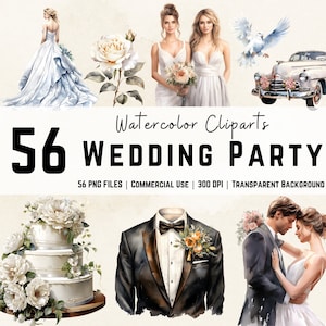 56 Wedding Clipart Bundle: Watercolor Clipart Set, Groom Elements, Bride Clipart, Wedding Cake, Just Married Car, Marriage Clipart