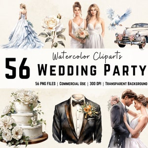 56 Wedding Clipart Bundle: Watercolor Clipart Set, Groom Elements, Bride Clipart, Wedding Cake, Just Married Car, Marriage Clipart