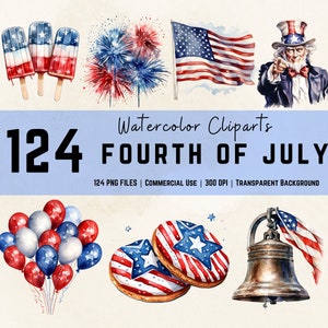 4. Juli Aquarell Cliparts | Alles in einem Bündel | 4.Juli | PNG-Bundle | Weiß-Rot-Weiß | Rot Weiß Blau | USA Transparentes PNG