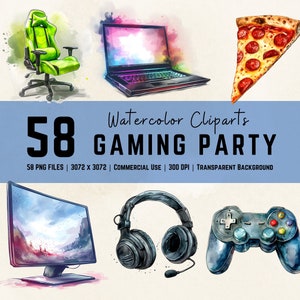 Gaming Party Clipart Bundel Voedsel Graphics Gamer Pictogrammen Video Game Decoratie Digitale Download, Commerciële PNG Retro Gaming Feestartikelen