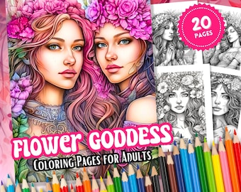 20 Printable Flower Goddess Coloring Pages | Fantasy Coloring Page | Digital Download, Instant Download, Grayscale Coloring, Printable PDF