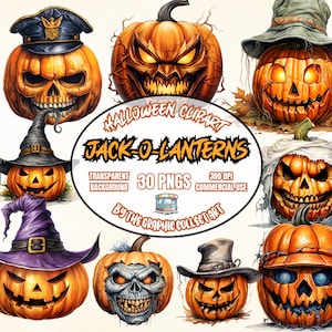 30 Jack O Lanterns PNG | Gesicht Kürbis Clipart | Spookie Kürbis | Kürbisse verziert | Halloween Kürbis PNG Bundle