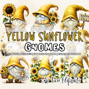 Gnomo de girasol amarillo en acuarela, imágenes prediseñadas: gnomos de otoño, colores de otoño, gnomos de festival PNG, descarga instantánea, diseño de sublimación