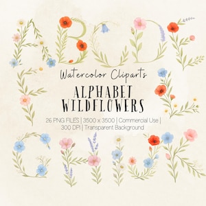 Alfabeto de flores silvestres PNG, clipart de letras florales, flores silvestres del mes de nacimiento para regalos personalizados para bebés y letreros de guardería, diseño de sublimación para bodas