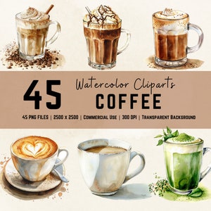 Pacote de clipart de café aquarela | Café Clipart PNG | Expresso Clipart | Café com leite PNG | Arte Capuccino | Grãos de Café PNG | Arte em cafeteria
