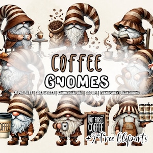 Paquete de imágenes prediseñadas de gnomos de café en acuarela: diseños de gnomos de café, imágenes prediseñadas de gnomos de granos de café, diseño de sublimación de gnomos PNG