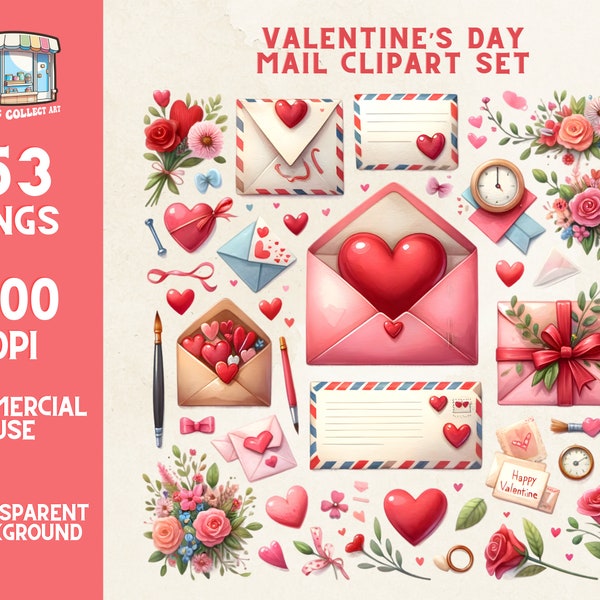 Valentines Day Heart Mail Cliparts, Love Letter Package Rose Cliparts, Digital PNG Graphics