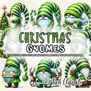 Nain de Noël vert aquarelle, nain de fête mignon PNG Clipart Bundle, gnomes scandinaves et d'hiver, conception de sublimation de nain de fête