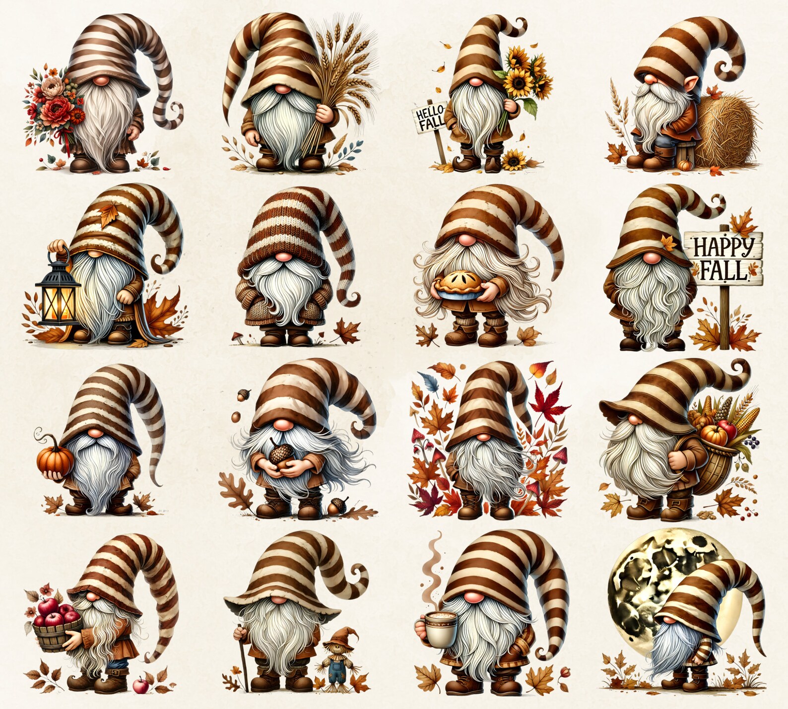 Watercolor Happy Fall Gnome Clipart PNG Bundle: Boho Gnomes, Festive ...