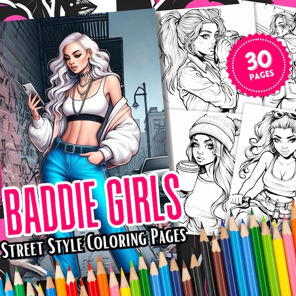 Baddie Girls Coloring Pages Street Wear Style Printable Teen Coloring Adult Coloring Y2K Coloring Summer Coloring Pages Idea Gift for Her