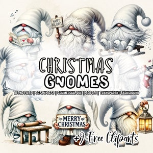 Pacchetto di clipart PNG di gnomi natalizi bianchi ad acquerello, gnomi invernali scandinavi, design di sublimazione di gnomi festivi, download immediato
