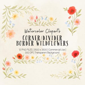 Wildflower rand PNG-bundel, bloemen frames hoek verdelers, aquarel paginalijst, wilde bloemen clipart geboorte bloem png sublimatie ontwerp