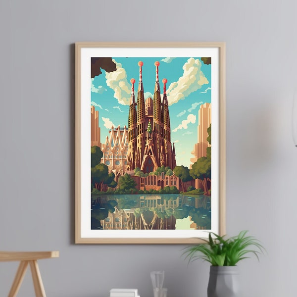 Sagrada Familia Print, Spain Barcelona Wall Hanging, Home Decor, Travel Poster, architecture, Cartoon Style, Digital Download, Wall Art