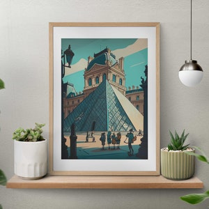 Druk Luwru, Paryż, Sztuka ścienna, Francuski wystrój ścienny, Sztuka cyfrowa, Wystrój domu, Plakat podróżniczy, Pobieranie cyfrowe, architektura w stylu kreskówkowym