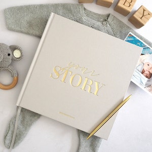 New Mum Gifts Your Story, 132 page Baby Memory Book & Photo Album for Newborn Baby Boy / Girl Great Keepsake For Expecting Mums Grey image 1