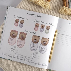 May include: A white baby shower guest book with a watercolor illustration of teddy bears on the cover. The text on the cover reads "Naming You" and includes a list of names. The book also includes a section for baby shower details.