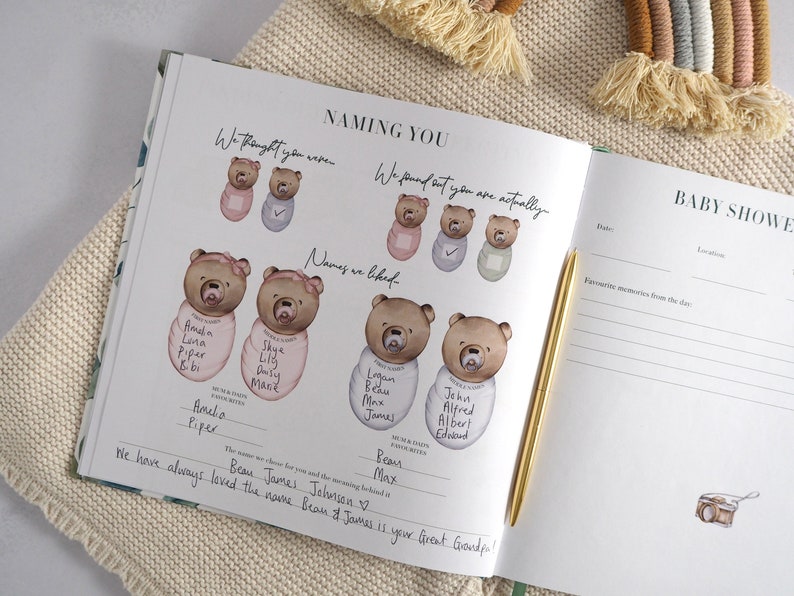 May include: A white baby shower guest book with a watercolor illustration of teddy bears on the cover. The text on the cover reads "Naming You" and includes a list of names. The book also includes a section for baby shower details.