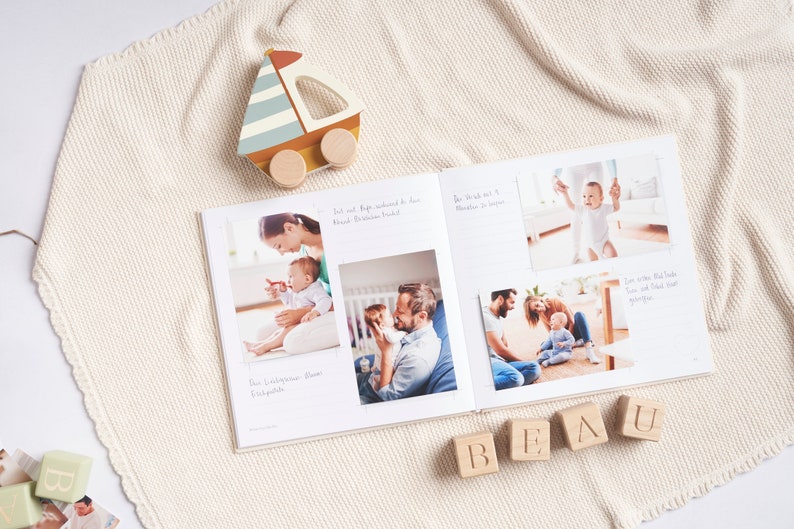 Baby Erinnerungsbuch: Tagebuch & Fotoalbum für Neugeborene, 132 Seiten, perfektes Geschenk, verschiedene Fotogrößen, cremefarben. Bild 6