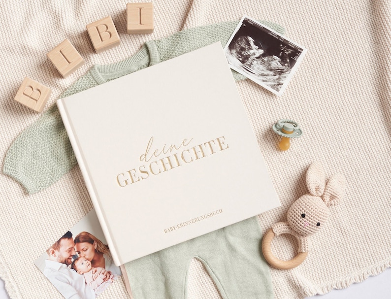 Baby Erinnerungsbuch: Tagebuch & Fotoalbum für Neugeborene, 132 Seiten, perfektes Geschenk, verschiedene Fotogrößen, cremefarben. Bild 1