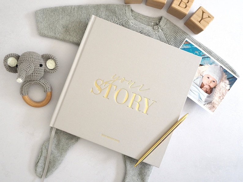 New Mum Gifts Your Story, 132 page Baby Memory Book & Photo Album for Newborn Baby Boy / Girl Great Keepsake For Expecting Mums Grey image 1