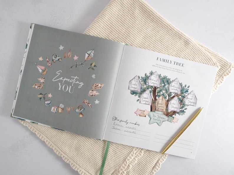 May include: A light blue and green baby memory book with a watercolor illustration of a family tree on the right page. The text "FAMILY TREE" is at the top of the page. The left page has a circle of baby-themed illustrations with the text "Expecting YOU" in the center.