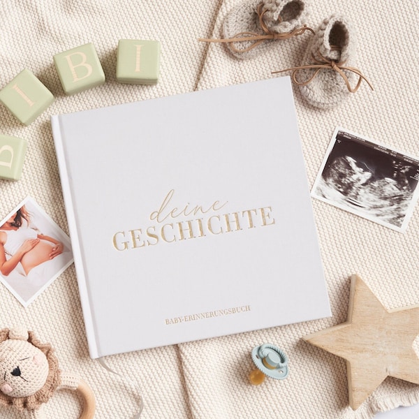 Baby Erinnerungsbuch: Tagebuch & Fotoalbum, 132 Seiten, Neugeborenes Geschenk, verschiedene Fotogrößen, Grau