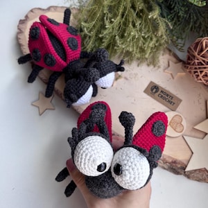 Puede incluir: Juguetes de insectos de ganchillo, incluyendo una mariquita con detalles rojos y negros, y un insecto negro y blanco. Los juguetes se exhiben sobre una superficie de madera con vegetaci&oacute;n en el fondo. La mariquita tiene un caparaz&oacute;n rojo con lunares negros.