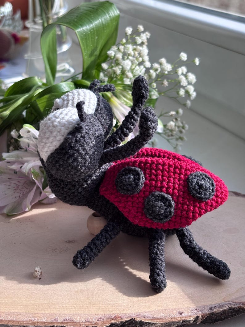 Puede incluir: Una mariquita de ganchillo hecha a mano con la espalda roja y lunares negros. La mariquita tiene cuerpo, patas y antenas negras, y cabeza blanca y negra. El art&iacute;culo artesanal se exhibe sobre una superficie de madera.