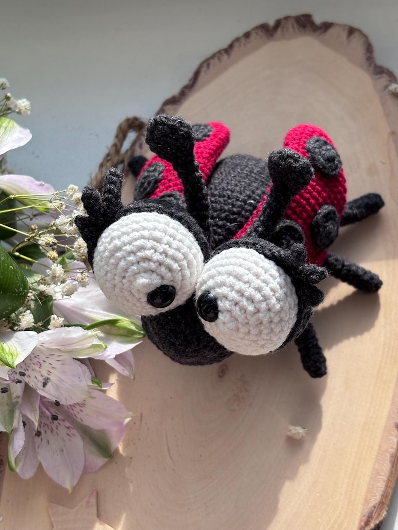 Puede incluir: Una mariquita de ganchillo hecha a mano con grandes ojos blancos, antenas negras y un cuerpo rojo y negro. La mariquita est&aacute; sobre una superficie de madera, con flores en el fondo. Un art&iacute;culo artesanal caprichoso.