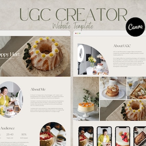 Puede incluir: Una plantilla de sitio web para creadores de UGC, con un fondo claro, una foto de un pastel y el texto "Poppy Hart, bloguera de comida | Creadora de UGC". El sitio web también incluye una sección sobre el creador, su audiencia y qué es UGC.